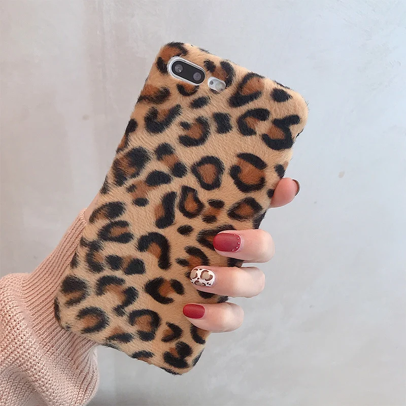 Модный плюшевый чехол с леопардовым принтом для iphone X XR XS Max зимний мягкий теплый 7
