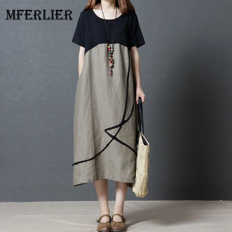 

Mferlier Women Retro Summer Dresses O Neck Short Sleeve Panelled Patchwork Female Artsy Loose Casual Dress