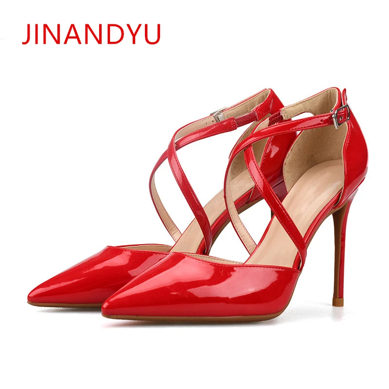 

Sexy Pointed Toe Cross Strappy Thin heels Pumps Women Shoes Heels Women Stiletto Patent Leather Party Dress High Heel Shoe 2019