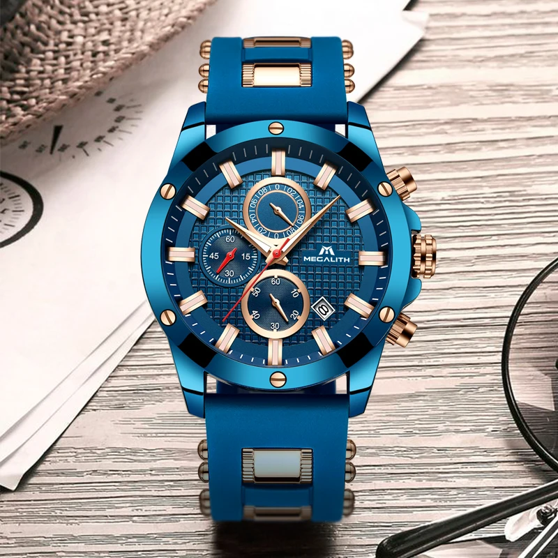 MEGALITH Мужские кварцевые спортивные часы с водонепроницаемым аналоговым хронографом, резиновым ремешком, военные часы, мужские часы