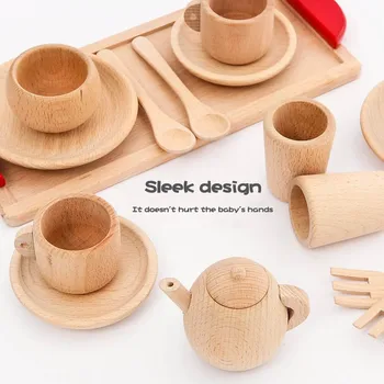 

Pretend Play Kitchen Toys Wooden Tableware Toy Beech Wooden Simulation Kitchen Tableware Tea Pot Tea Cups Playing Wooden Toys
