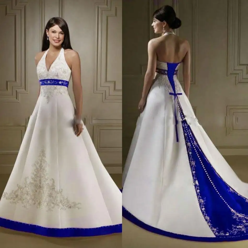 Wedding Blue Wedding Dress popular royal blue wedding dresses buy cheap court train ivory and a line halter neck open back lace up