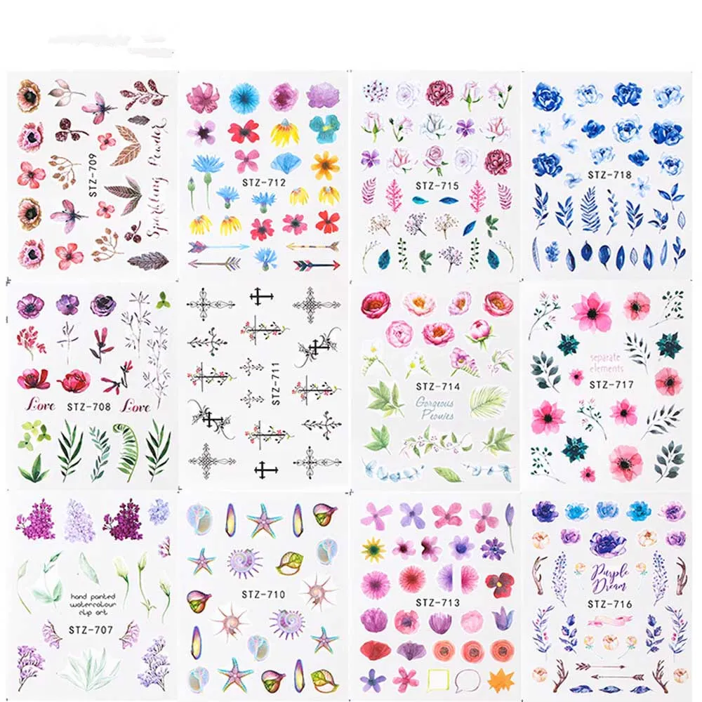 

12pcs Floral Water Decals Watercolor Nail Sticker Dry Flowers Pattern Manicure Nail Decals Leaf Vines Lavender Water Slider