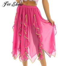 Женская юбка для танца живота с эластичным поясом, гофрированная золотистой отделкой, асимметричный макси, этнический шифон, танцевальный костюм юбка