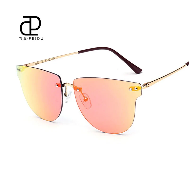 FEIDU/ модные интегрированные солнцезащитные очки без оправы из сплава для женщин и мужчин, брендовые дизайнерские солнцезащитные очки с плоским зеркалом для женщин, Oculos De Sol - Цвет линз: Orange red