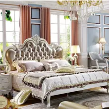 Европейский двойной роскошная кожаная кровать, Корона принц мягкая кровать твердой древесины принцесса свадебная кровать