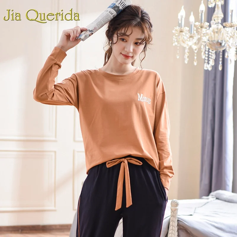 J& Q пижамы женские Мода хлопок пижамный комплект карамельная одежда для сна штаны с завязками Длинные рукава размера плюс Xxxl домашний костюм - Цвет: 88538
