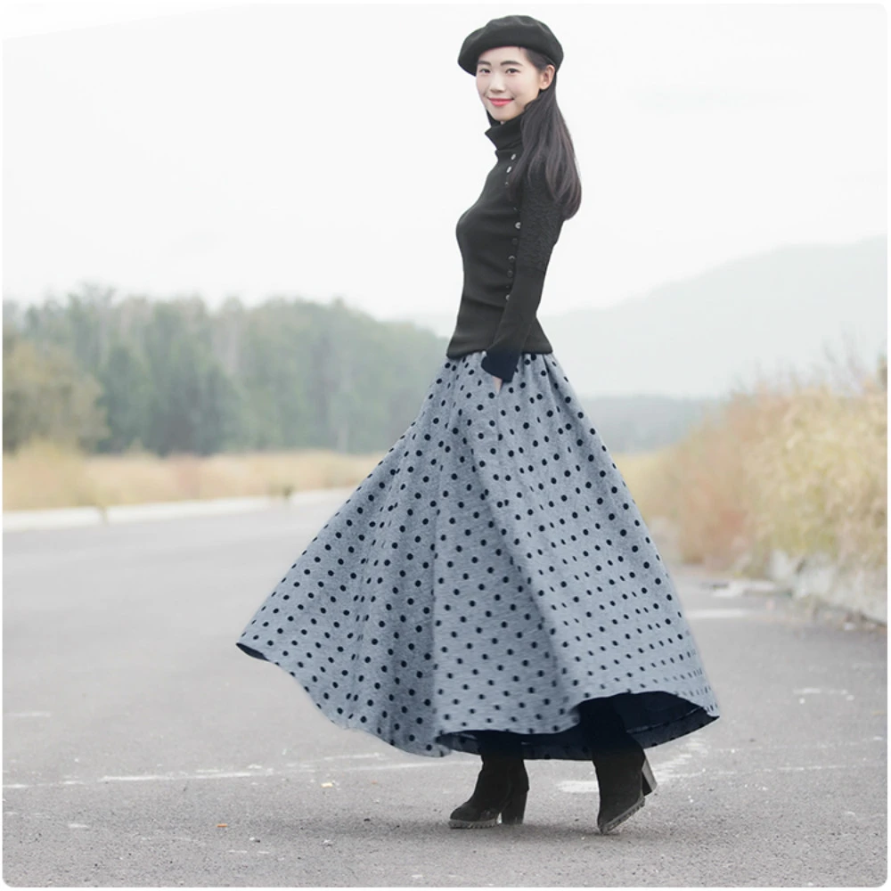 Nuevas Faldas de mujer de lana primavera invierno puntos impresos A line largo Vintage Casual grueso 50 S falda de alta calidad|maxi skirtskirt high - AliExpress