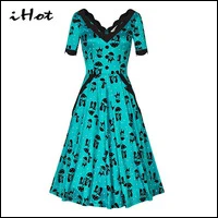 vestido-de-festa-vintage-Rockabilly-Ploka-Dots-Bow-Ball-Gown-3-4-sleeve-Big-swing-skate
