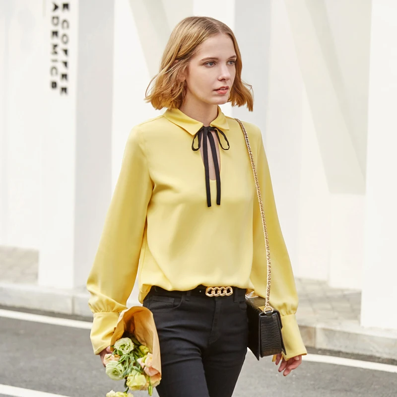 Bow Blouses Female Tie Sleeve Spring Beige Shirts Solid Amii Lantern Women Long Out Blouse Blouses yellow Loose Minimalist 2019 Office black Elegant Blouses Hollow White awP4S
