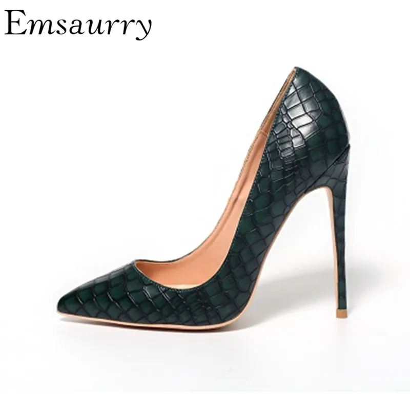 

New Arrival Dark Green Stone Grain Heels Women 12cm Stiletto Heel Sexy Point Toe Shallow Slim Women Pumps