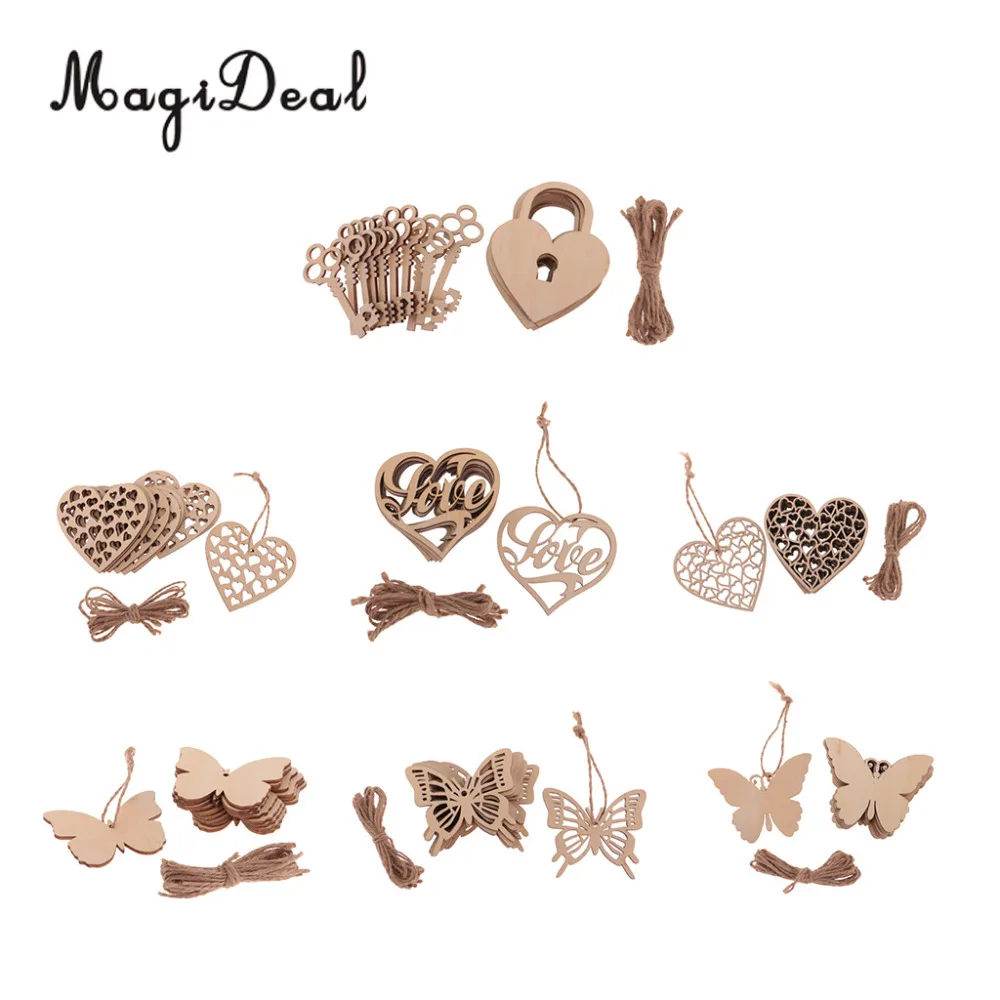 

MagiDeal 10pcs/Lot Wooden Heart Butterfly Embellishment Tag with String Chirstams Trees Hanging Decor Wedding Party DIY Crafts