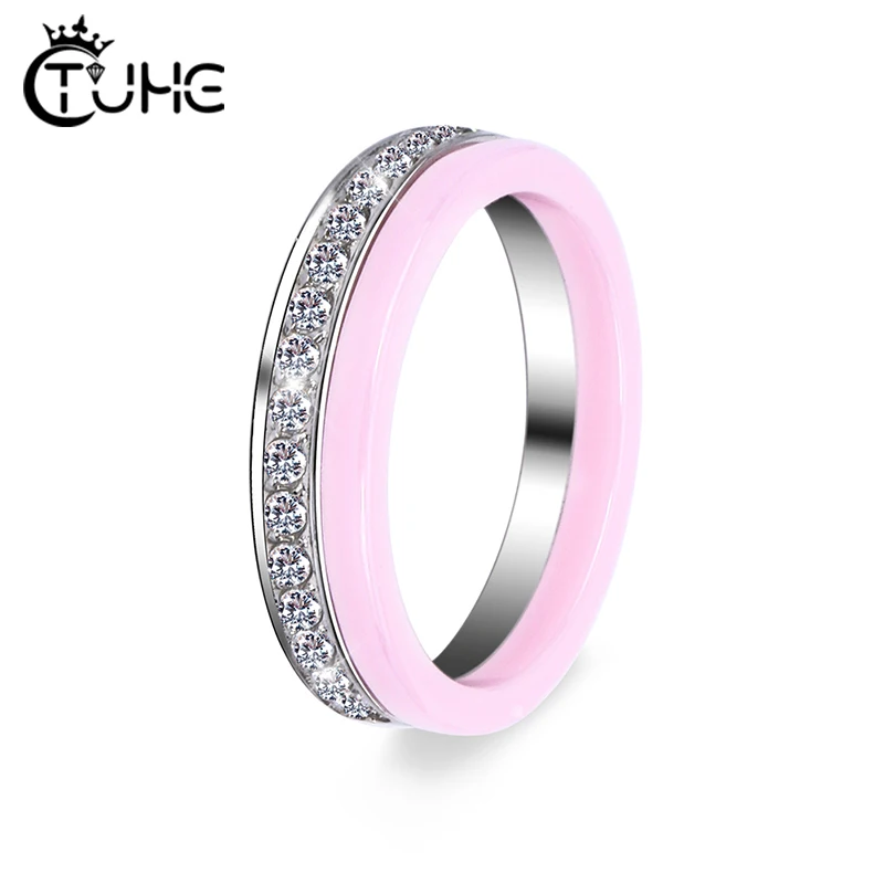 2 Pz/Set Fashion Lovely Pink Ceramic Rings Plus One Half Rhinestone Rings For Women Men Clear Crystal Wedding Female Teen Gift