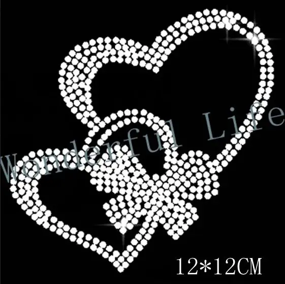 

Free shipping double heart love design Clear Crystal DIY strass hotfix Rhinestone applique Pattern motif Iron On Heat transfer