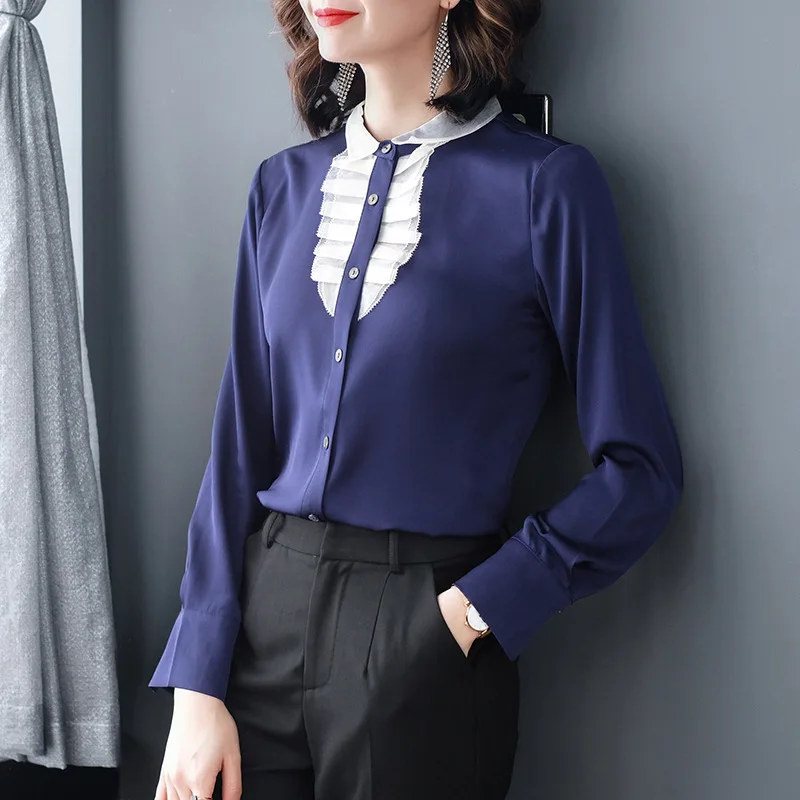 

Luxury Fashion 100% Real Silk Pure Color Shirt and Blouses 2019 Spring and Summer High End Tops P8095