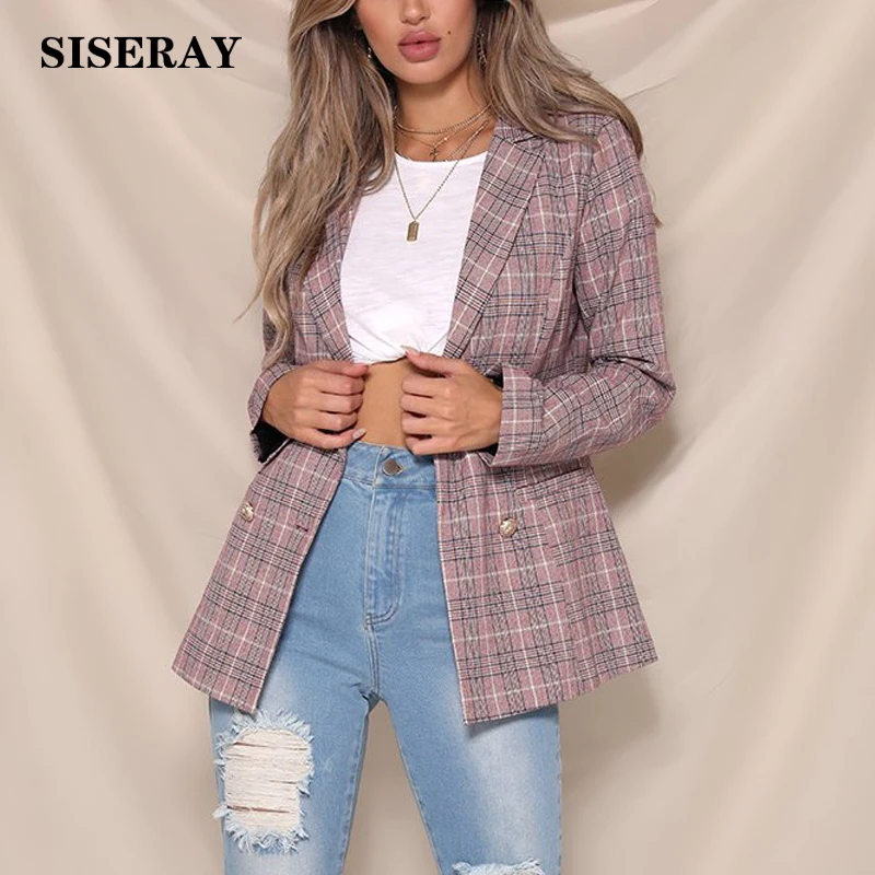England Casual Double Breasted Plaid Blazer Women Fall Long Sleeve Women Blazers And Jackets Notched Collar Woman Suit Blazer