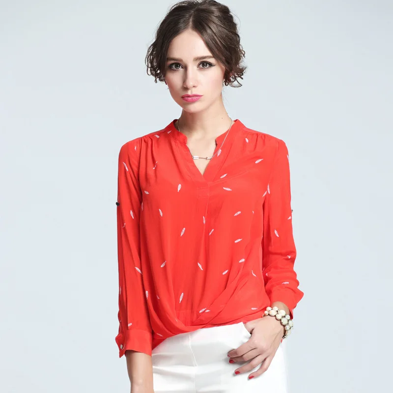 2016 Summer Women Ladies High Quality Luxurious Silk Blouse V Neck Irregular Shirt chemisier femme Junior Tops bluzki haut femme