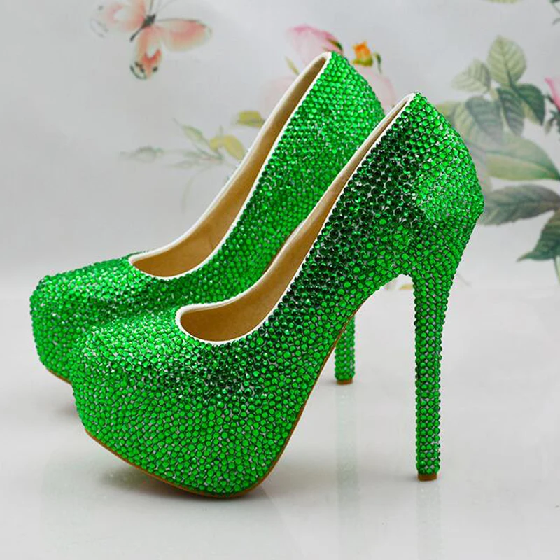 Ручная работа на заказ свадебные туфли зеленого цвета с блестками шикарные туфли-лодочки на высоком каблуке с кристаллами на выпускной и для особых событий парадная обувь