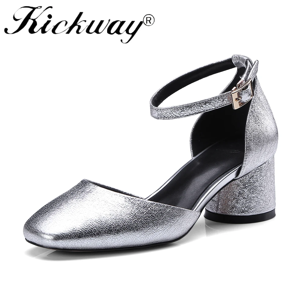 

Kickway 2018 Elegant Retro Sandals Womens Genuine Leather Block Chunky Thick Heel Gladiator Rome Ankle Strap Sandals Shoes Women