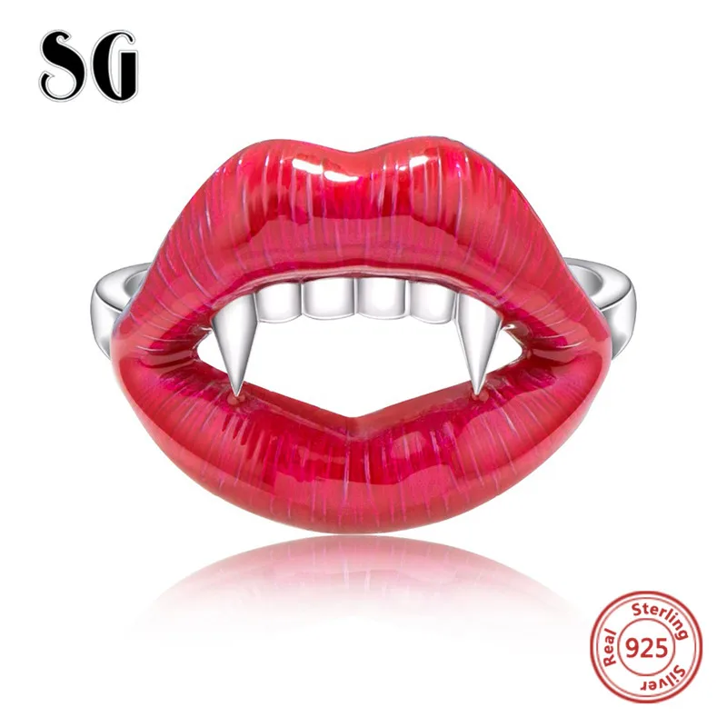 

SG 2018 sterling silver 925 Red lips and Tusks open size ring adjustable diy European fashion jewelry making for women gifts