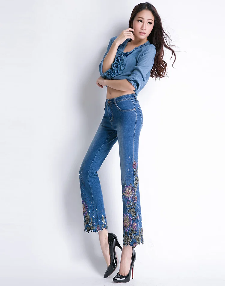 FERZIGE/женские джинсы с высокой талией, стрейчевые, с цветочной вышивкой, расклешенные, ручная отделка бисером, облегающие сапоги, укороченные штаны
