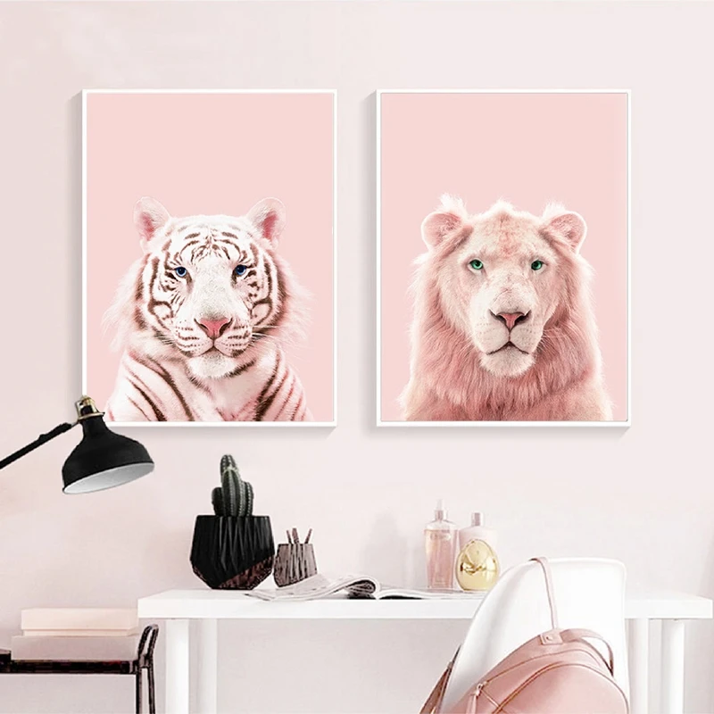 Pink-Panther-Prints-Lion-Tiger-Art-Poster-Nursery-Wild-Animals-Blush ...