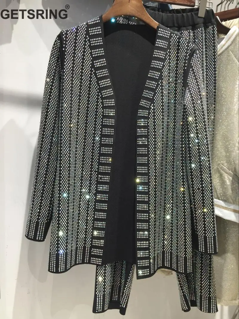 

GETSRING Woman Suit Diamond Splice Color Matching V-Neck Coat Diamond Long Pants Two Piece Set 2018 New Fashion Leisure Loose