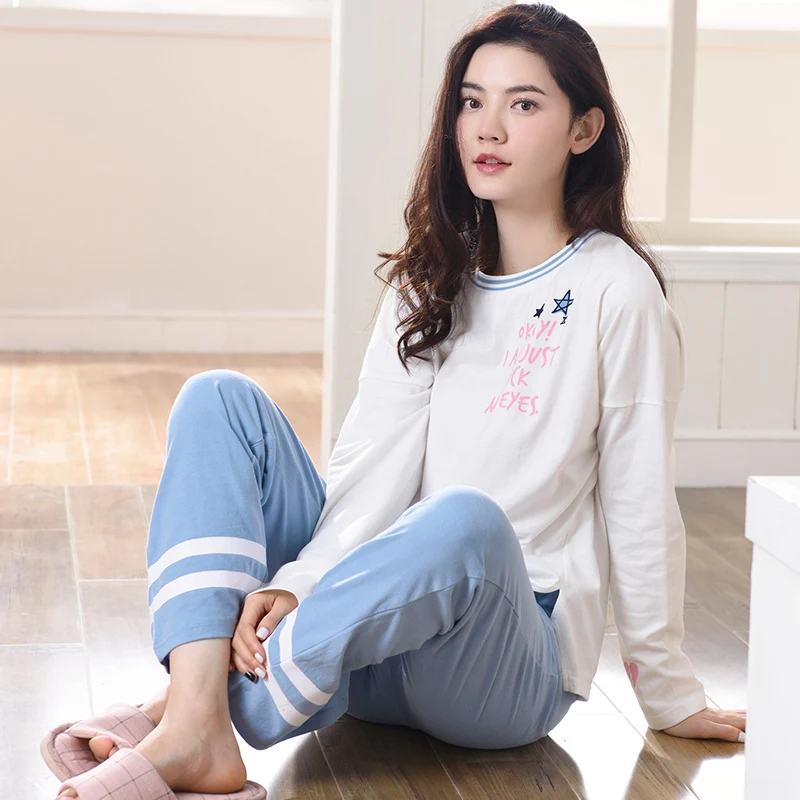 

New Pyjama Femme Spring Autumn Women Pyjama Set Cotton White Top And Blue Pant Pajamas Home Clothes For Women