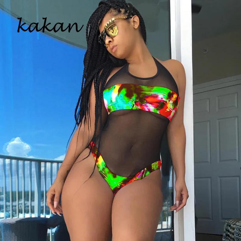 Kakan summer sexy women's digital printing triangle jumpsuit stitching floral one-piece suit purple green blue jumpsuit red lace bodysuit Bodysuits