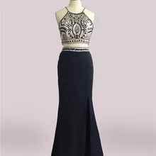 Черные платья для выпускного вечера из двух частей с бисером, пышные платья с юбкой с разрезом