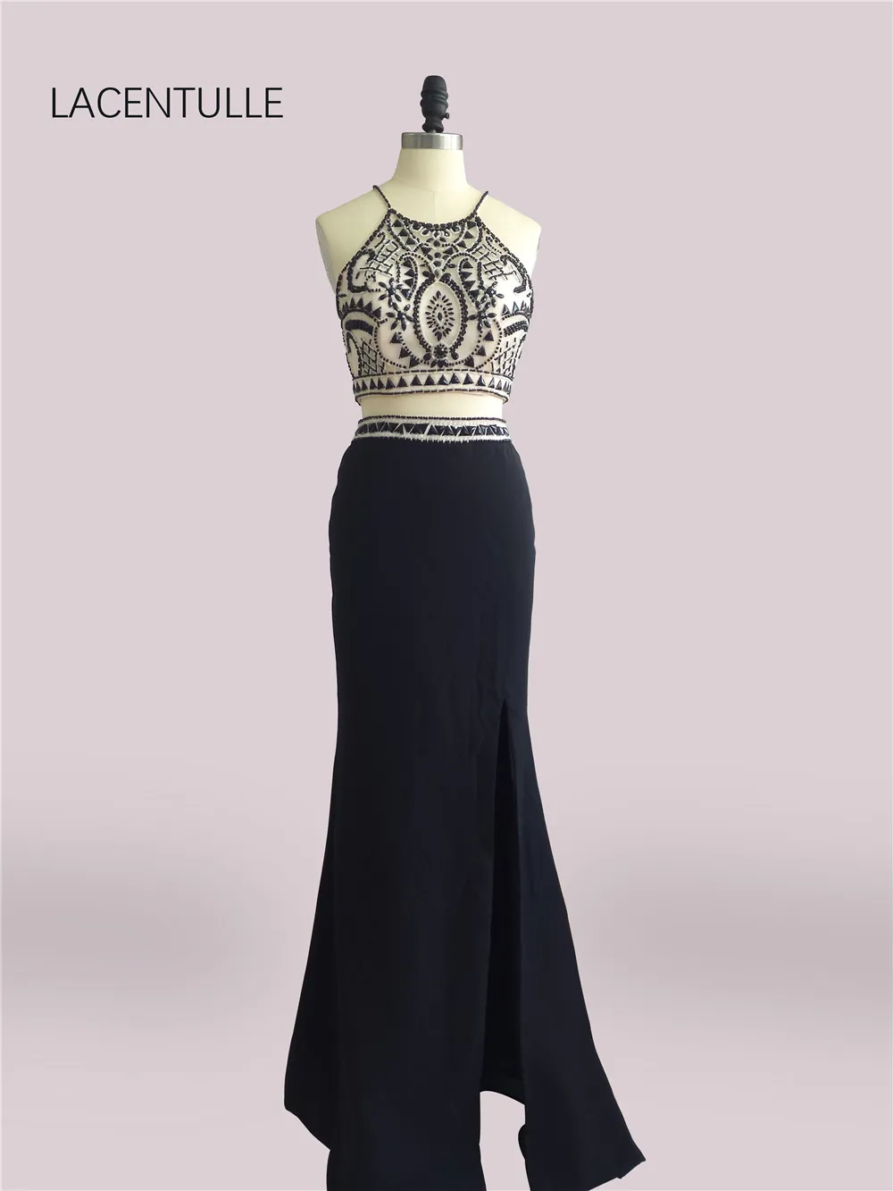 

Beaded Black Two Pieces Prom Dresses with Beaded Crop Top Pageant Gowns with Split Skirt