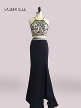 Beaded Black Two Pieces Prom Dresses with Beaded Crop Top Pageant Gowns with Split Skirt marled knit crop top with split skirt