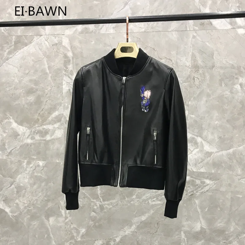 

2019 SpringShort Paragraph Baseball Uniform Auspicious Pig Embroidery Leather Jacket Genuinet Women Real Leather Jacket