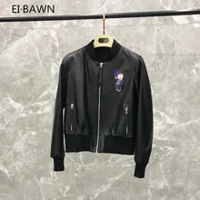 2019 SpringShort Paragraph Baseball Uniform Auspicious Pig Embroidery Leather Jacket  Genuinet Women  Real Leather Jacket