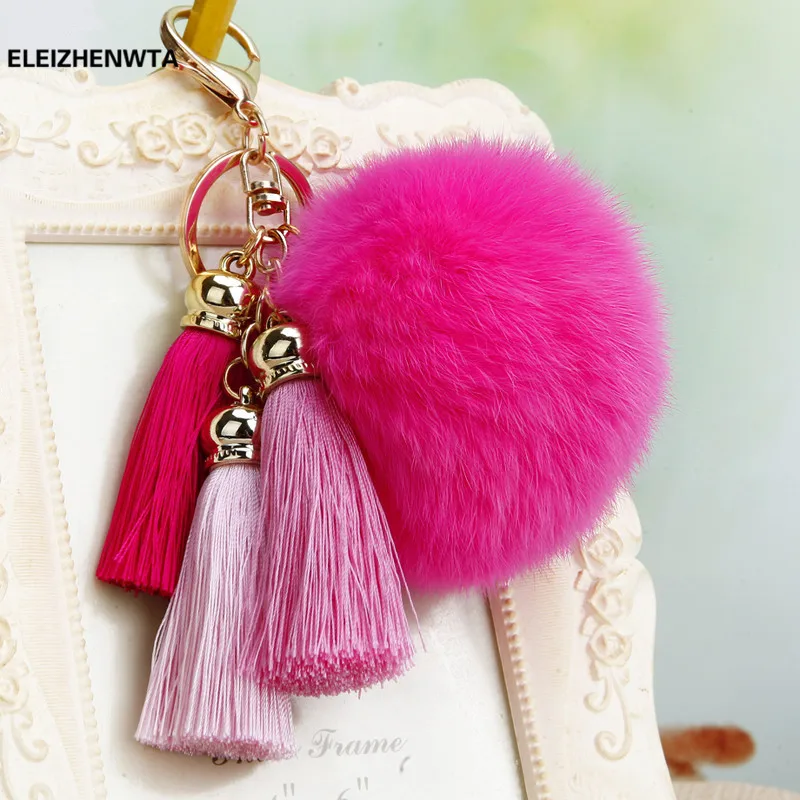 

Fur pom pom puff keychain fur ball bag charms Ice Silk 3 tassels handbag charm key chain pompom fluffy Key Holder Gift Chaveiro
