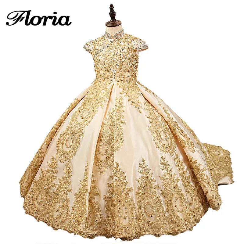 Vestido daminha/платья с золотыми цветами для девочек на свадьбу, Детские вечерние Длинные бальные платья с бисером пышные платья для маленьких девочек со шлейфом