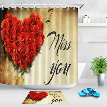 

Red Rose Heart-shaped Extra Long Waterproof Shower Curtain Love with Mat Set Bathroom Polyester Fabric For Home Bathtub Decor