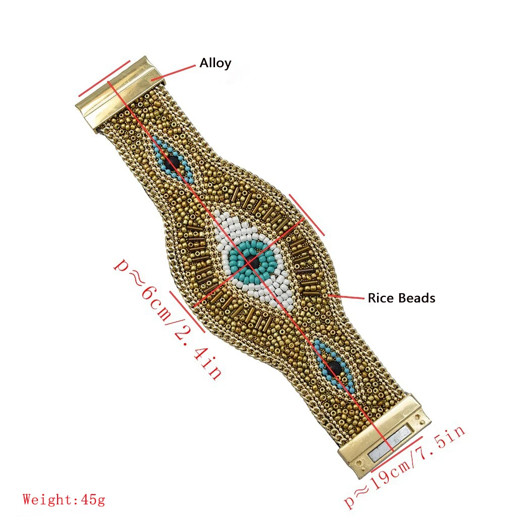 Блестящий дьявольский глаз браслет богемный рисовые бусины широкий магнит звено Античное золото Турецкий Дурной глаз браслеты Этническая бижутерия ручной работы