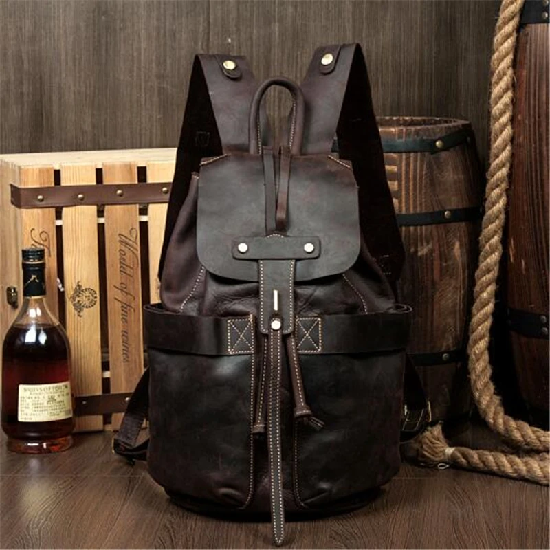 Echt Lederen Rugzak Grote Capaciteit Koe Lederen Reistassen Hoge Kwaliteit Emmer Tas Voor Man/Vrouwen Vintage Laptop Tas Echt Lederen Rugzak Grote Capaciteit Koe Lederen Reistassen Hoge Kwaliteit Emmer Tas Voor Man/Vrouwen Vintage Laptop Tas