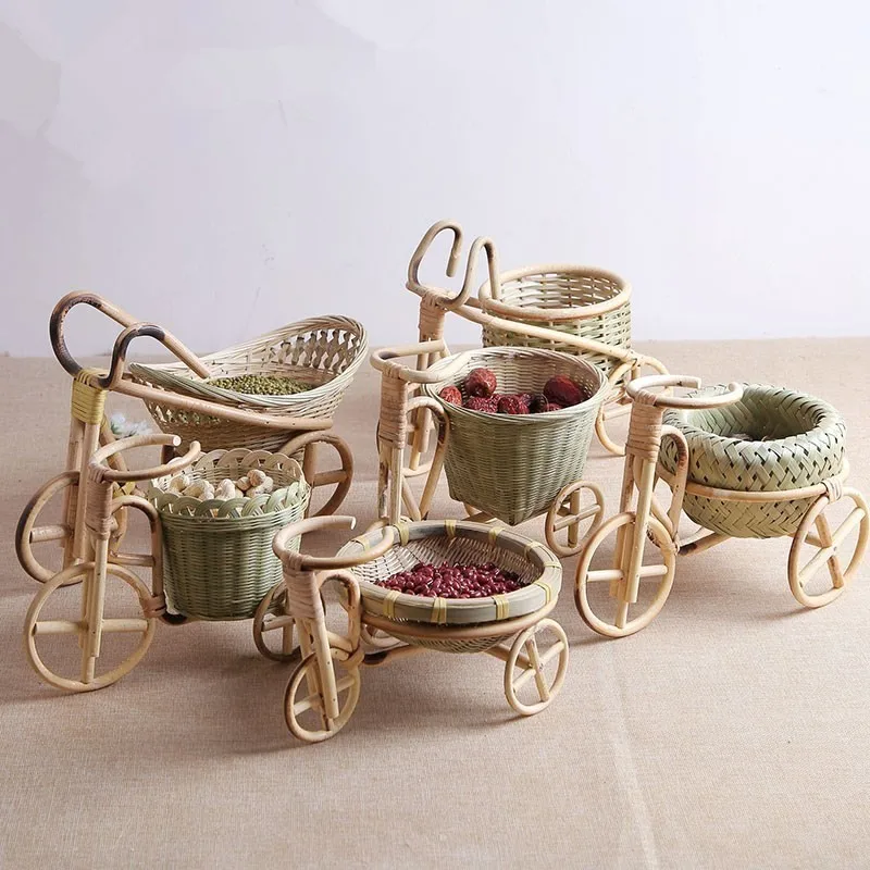 

Bamboo Handmade Woven Straw Fruit Basket Wicker Rattan Food Bread Organizer Kitchen Decorative Bicycle Gift Neatening Organizer