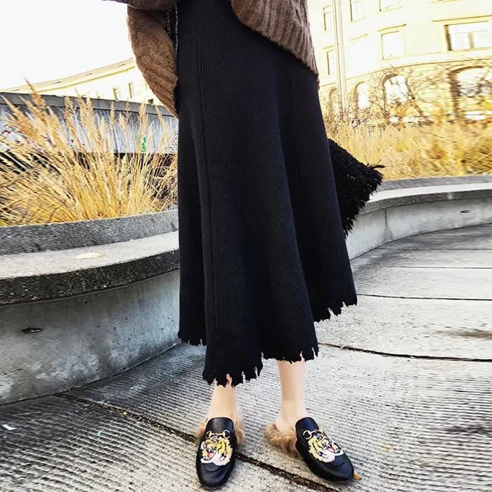 Толстые шерстяные трикотажные большие размеры Трикотаж женские юбки зимние длинные плиссированные юбки однотонная макси юбка черная высокая талия Saia Longa Femme