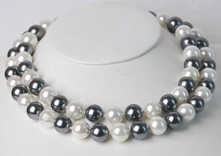 

elegant 10-11mm freshwater white black pearl necklace 38inch 14K gold