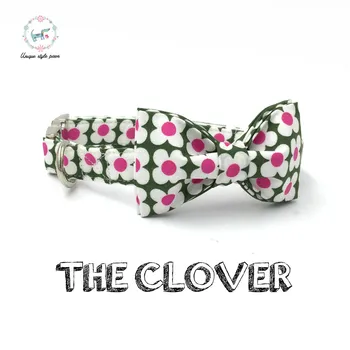 

Dog or Cat Collar with Bow Tie Personal Custom Pet Puppy Designer Pet Accessory Green and Pink Flowers