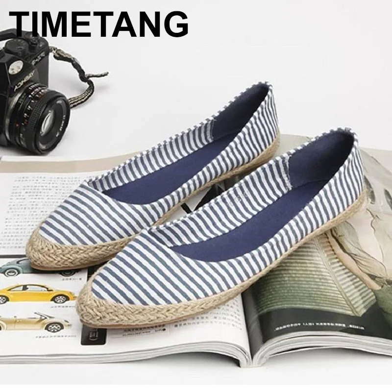 

TIMETANGSpring New LuxuryWomens Flats Shoes Blue Stripe PointedToe Woman Casual Loafer ShoesLady Shallow Breathable Canvas Shoes