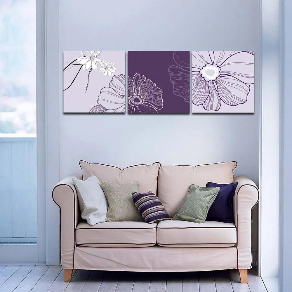 Square 3 Piece Set Simple Purple White Flower Painting Office Home Wall