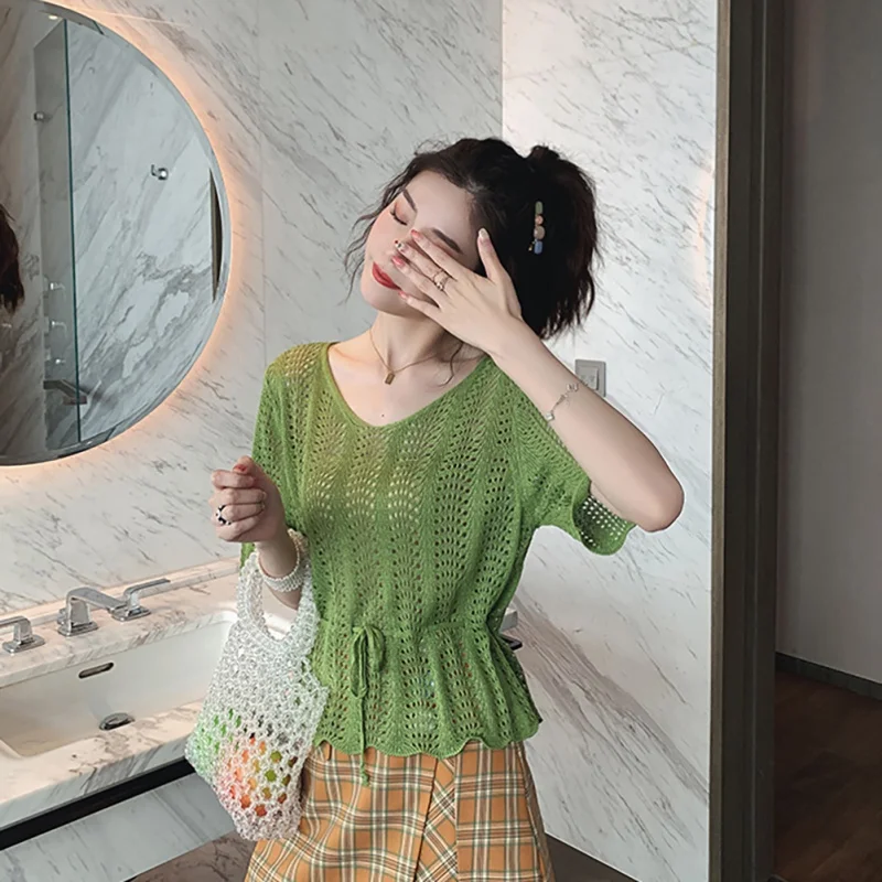 

Spring And Winter Women's Fashion Hollow Out O Neck Solid Short Sleeve Knitted Lace Up Ice Silk Pullover Solid color T-Shirt