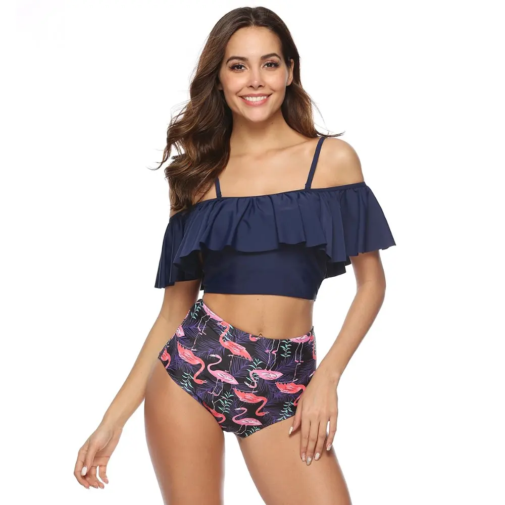 

2019 Palm Tree Printed Bikini Set Women Push up Halter Ruffle Swimwear Flamingo High Waist Swimsuit Women Beach Bathing Suit