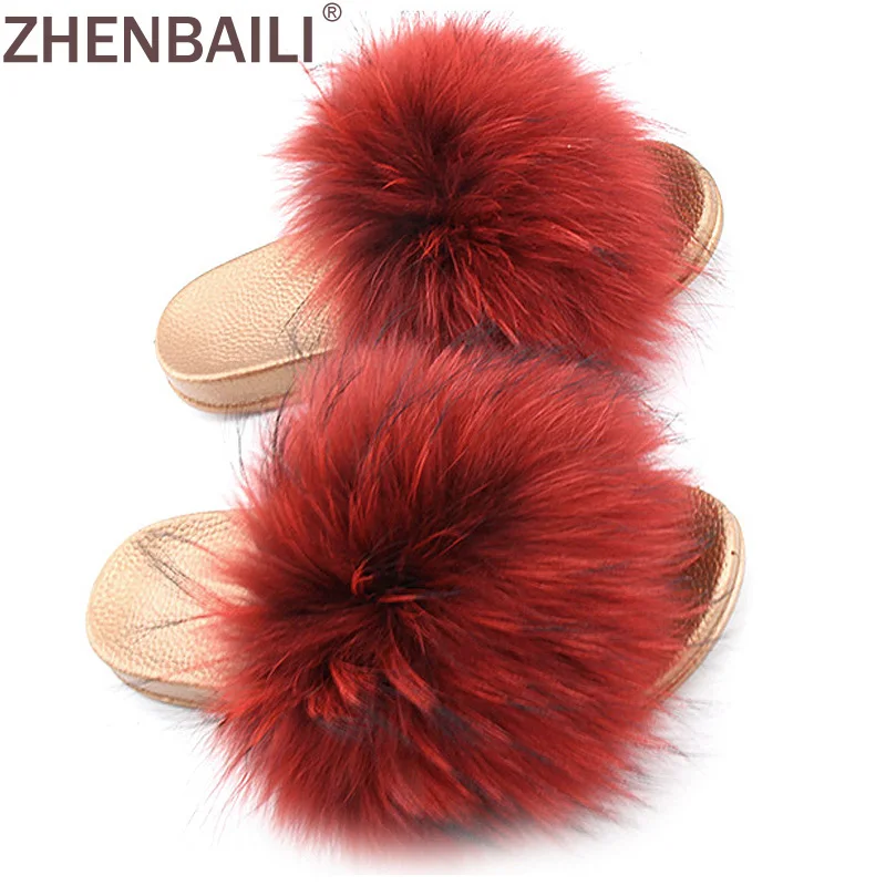 

ZHENBAILI Plus Size 36-43 Summer Fashion Soft Gold Sole Fuzzy Faux Fur Women Sandals Flat Sliders Ladies Slippers 9 Colors