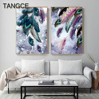 

Abstract Green Pink Purple Bird Feather Canvas Painting Colorful Poster Print for Living Room Girls Modern Wall Art Home Decor
