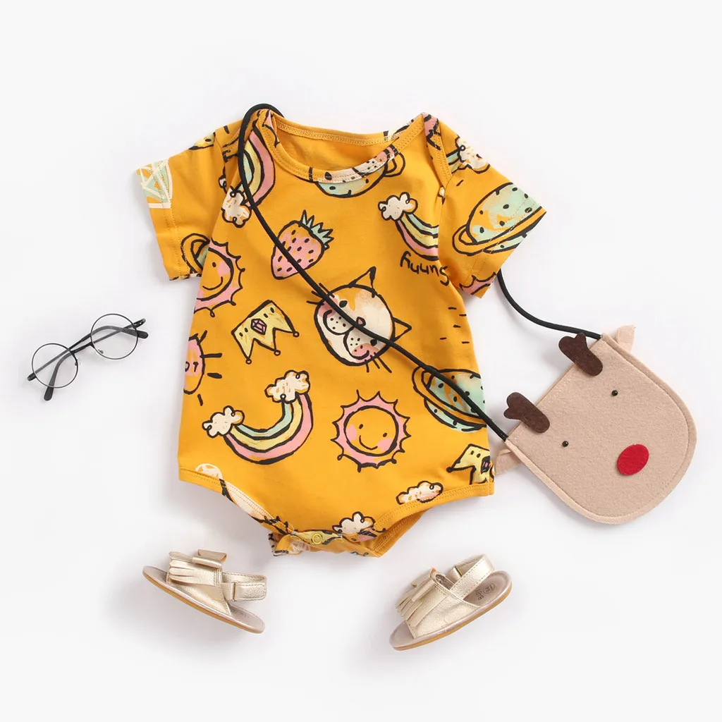

New Born Baby Clothes For Toddler Baby Boys Girls Short Sleeve Cartoon Print Romper Jumpsuit Outfits Set Modis Kids Clothes 2019